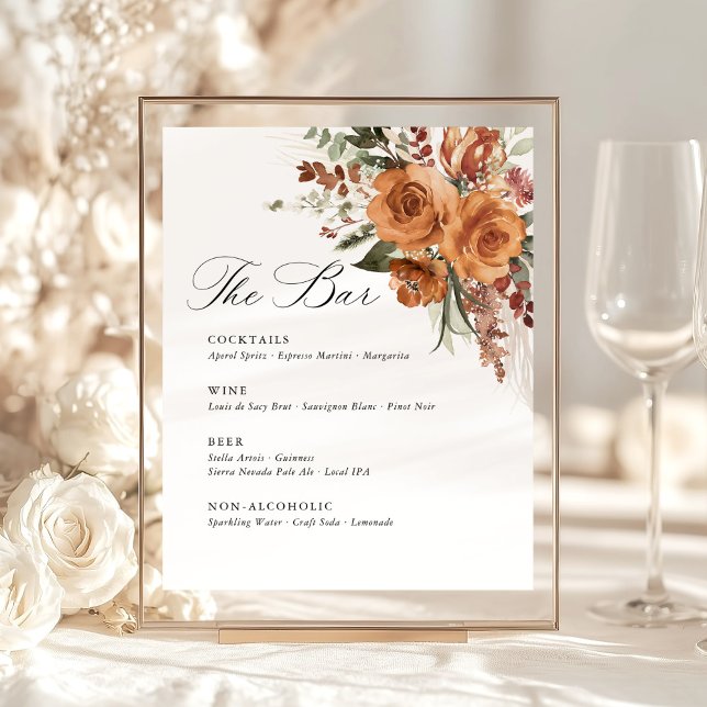 Terracotta Boho Rose Floral Wedding Bar Menu Sockelschild (Terracotta rose floral wedding bar menu sign with watercolor, elegant boho drink list for reception)