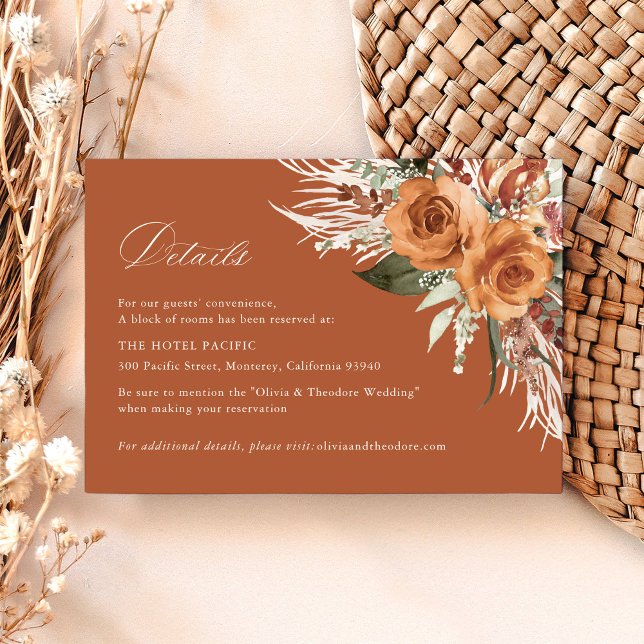 Terracotta Boho Rose Floral Wedding Details Hotel Begleitkarte (Terracotta boho rose floral hotel details card wedding stationery pampas, watercolor, modern classic)