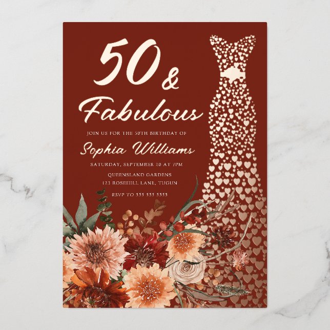 Terracotta Boho Rose Gold Dress 50. Geburtstag Folieneinladung (Vorderseite)