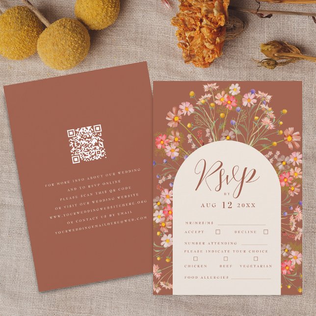 Terracotta Boho Rustikale Wildblume Hochzeit der B RSVP Karte (Terracotta and beige boho fall rustic wildflower wedding qr code rsvp card Watercolor florals)