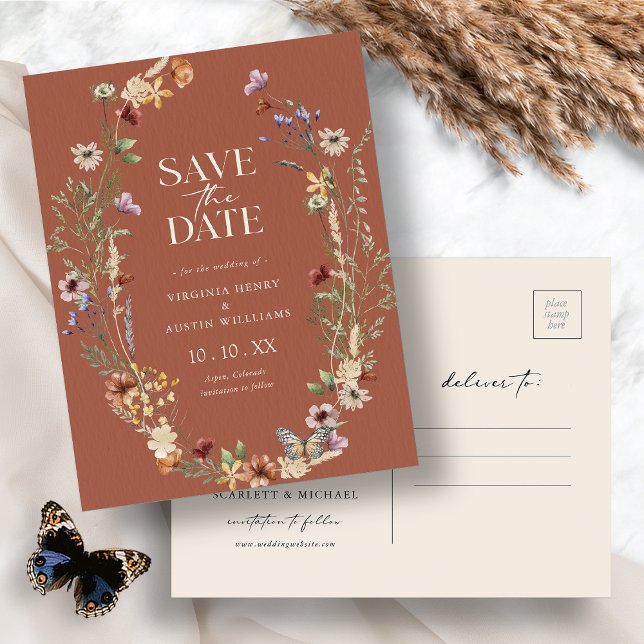 Terracotta Boho Save the Date Postkarte (Terracotta Boho Floral Save The Date Postcard by Painted Paperie
)