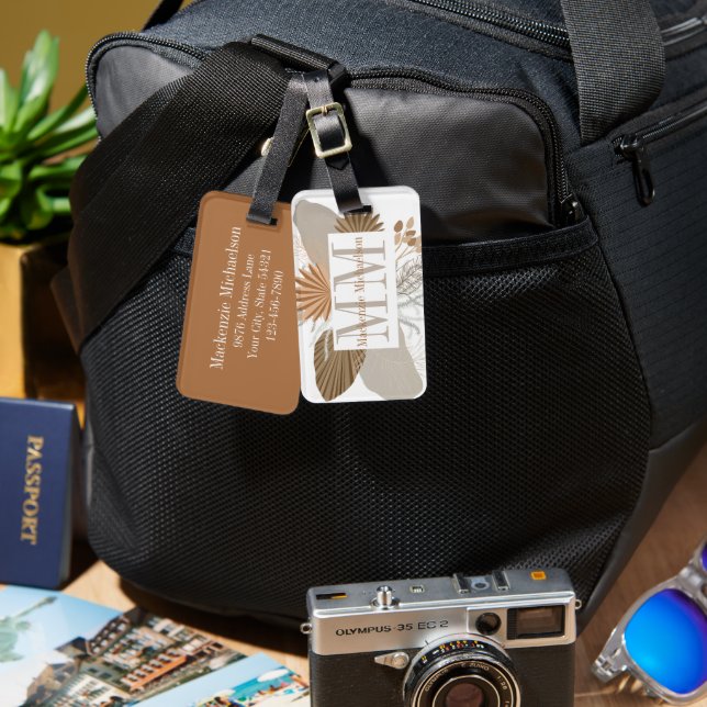 Terracotta Boho Tropical Monogram Gepäckanhänger (Vorderseite & Rückseite)