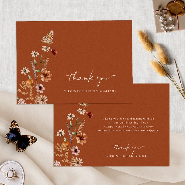 Terracotta Boho Wedding Dankeschön Karte (Terracotta Boho Floral Wedding Thank You Card with Butterfly by Painted Paperie
)