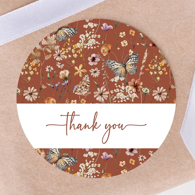 Terracotta Boho Wildblume Babyaufkleber Runder Aufkleber (Terracotta Boho Wildflower Baby Shower Sticker by Painted Paperie
)