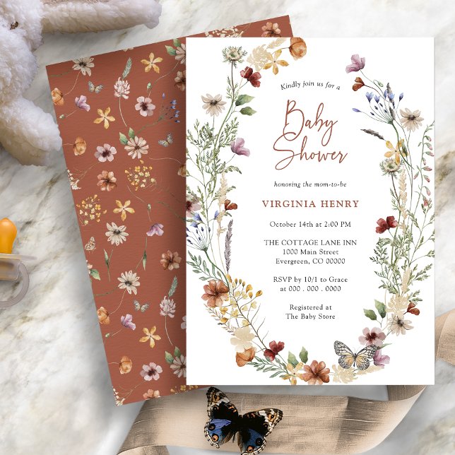 Terracotta Boho Wildblume Kinderdusche Einladung (Terracotta Boho Wildflower Baby Shower Invitation with Butterfly by Painted Paperie
)