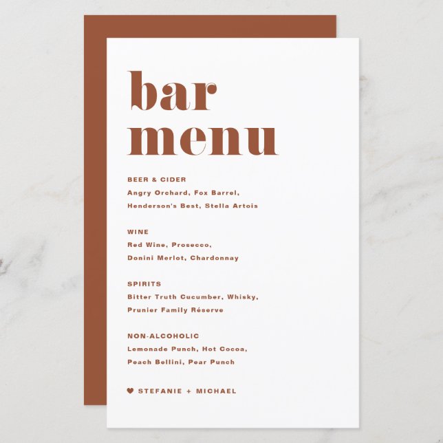 Terracotta Bold Retro Typografy Wedding Bar Menu (Vorne/Hinten)