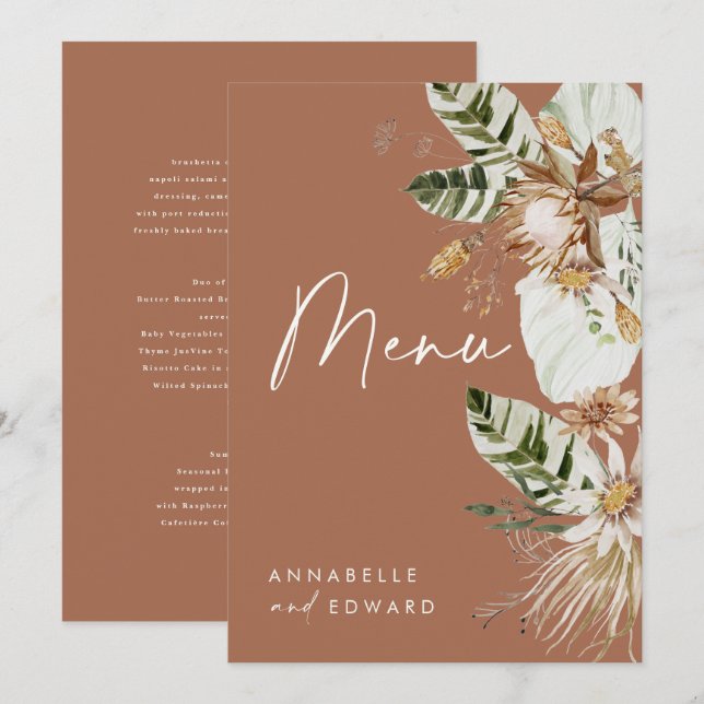 Terracotta Botanische moderne, elegante Blattkarte Menükarte (Vorne/Hinten)