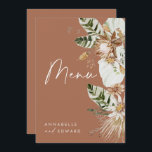 Terracotta Botanische moderne, elegante Blattkarte Menükarte<br><div class="desc">Terracotta bohemian botanischen modernen eleganten Blattwerk stilvolle Hochzeit Tag der Schreibwaren-Menü. Schöne handbedruckte,  getrocknete botanische Aquarellfarben und Schriftzeichen. Moderne Trend Terrakotta,  Schwarz,  Grün,  Natur und Marineblau Kollektion Design Farbgebung.</div>