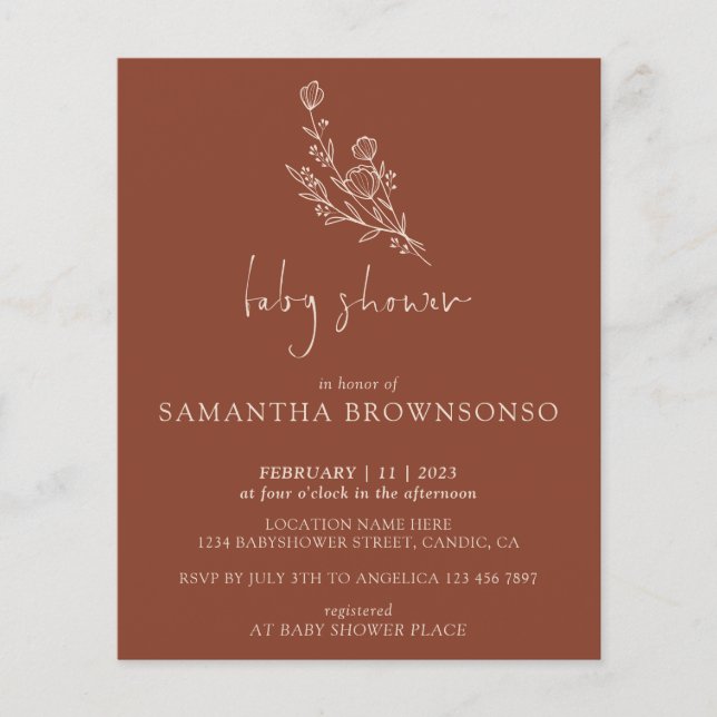 Terracotta Bouquet Botanical Budget Baby Dusche Flyer (Vorne)