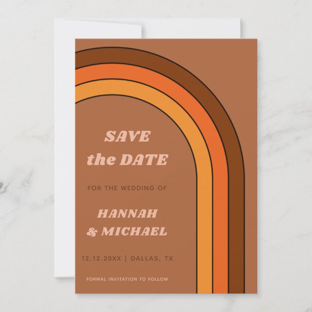 Terracotta Brown Retro Rainbow Minimalistisch Boho Save The Date (Vorderseite)