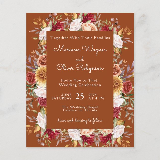 Terracotta Budget Moderne Herbstblumenhochzeit (Vorderseite)