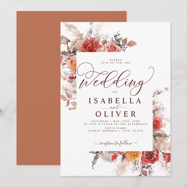 Terracotta Burgundy Burnt Orange Boho Wedding Invi Einladung (Vorne/Hinten)