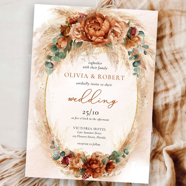 Terracotta burgundy eucalyptus and pampas gras einladung (Amazing wedding invitation featured terracotta and copper flowers mixed burgundy flowers and pampas)