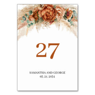 Terracotta burgundy eucalyptus and pampas gras tischnummer