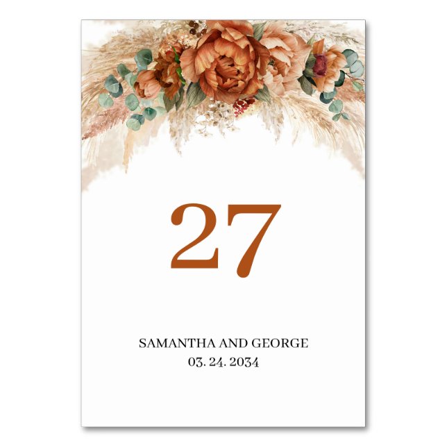 Terracotta burgundy eucalyptus and pampas gras tischnummer (Vorderseite)