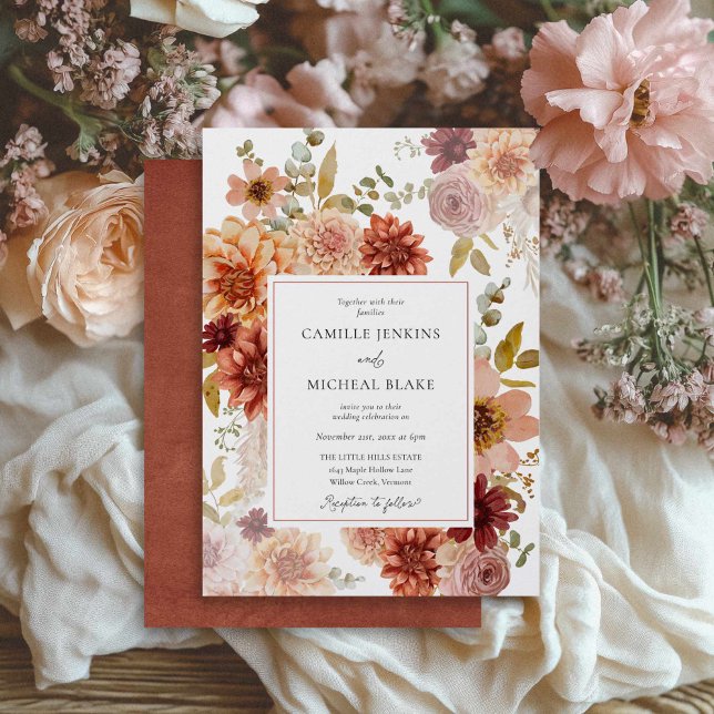 Terracotta Burgundy Fall Floral Wedding Invitation Einladung (Fall Burgundy Rustic Wedding Invitation)