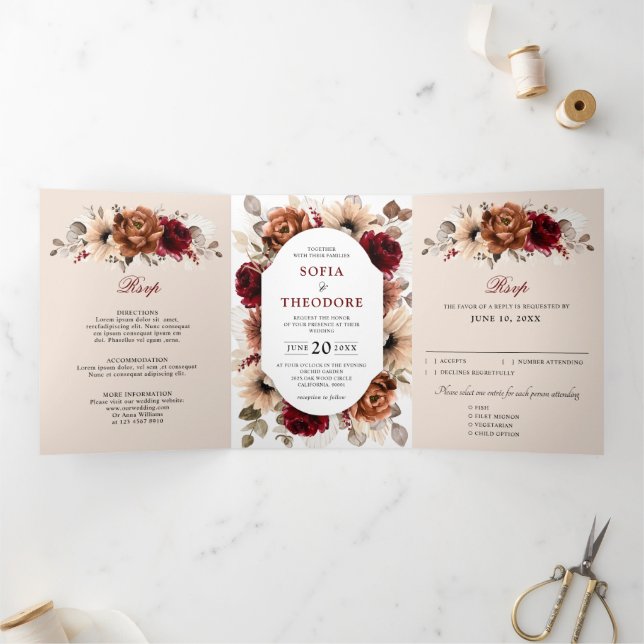 Terracotta Burgundy Mauve Floral Geometric Wedding Dreifach Gefaltete Ankündigung (Innenseite)