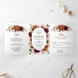 Terracotta Burgundy Mauve Floral Geometric Wedding Dreifach Gefaltete Ankündigung