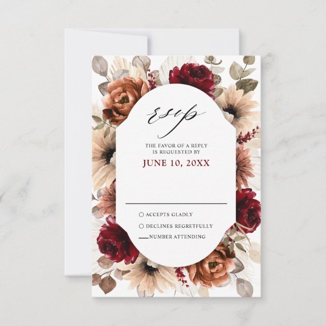 Terracotta Burgundy Mauve Floral Geometric Wedding RSVP Karte (Vorderseite)