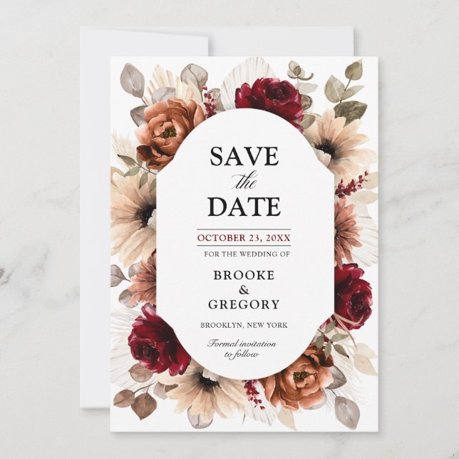 Terracotta Burgundy Mauve Floral Geometric Wedding Save The Date (Vorderseite)