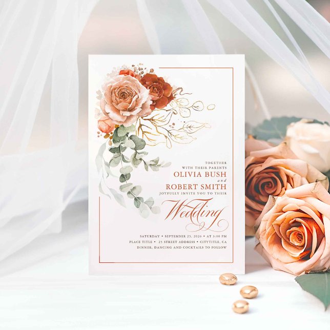 Terracotta Burnt Orange Blume Eukalyptus Wedding Einladung (Terracotta Flowers Wedding Invitations)