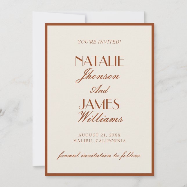 Terracotta Burnt Orange Cream Old Money Wedding Save The Date (Rückseite)