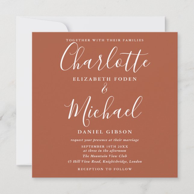 Terracotta Burnt Orange Elegante Script Wedding Einladung (Vorderseite)