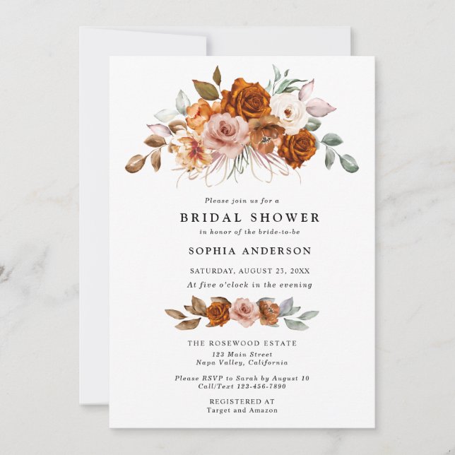 Terracotta Burnt Orange Floral Bridal Shower Einladung (Vorderseite)