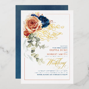 Terracotta Burnt Orange Floral Navy Blue Wedding Folieneinladung