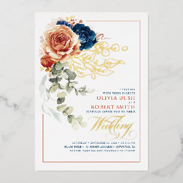 Terracotta Burnt Orange Floral Navy Blue Wedding Folieneinladung