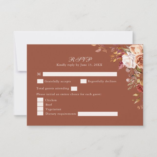 Terracotta Burnt Orange Floral Wedding RSVP Card (Vorderseite)