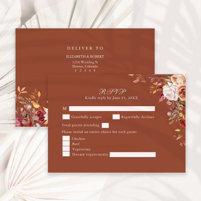 Terracotta Burnt Orange Floral Wedding RSVP Card Dankeskarte (Terracotta Burnt Orange Floral Wedding RSVP Card on a sunny neutral dry palm leaf.)