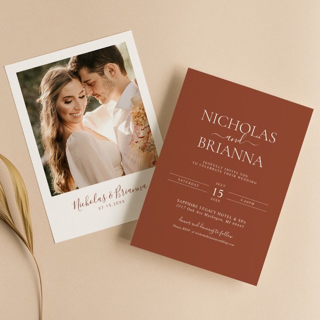 Terracotta Burnt Orange Minimalistisch Wedding Fot Einladung (Von Creator hochgeladen)