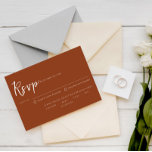Terracotta Burnt Orange Script Wahl Hochzeit RSVP Karte<br><div class="desc">Eine einfache und elegante kalligraphische dunkelbraune Wüste Hochzeitskarte. Das hat einen orangefarbenen Hintergrund mit weißer Typografie verbrannt. Minimalistischer Rost und Chic mit handgeschriebener Schrift. Mit der Wahl des Essens und der Möglichkeit der Allergien.</div>