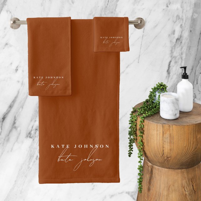 Terracotta Burnt Orange Signature Script Monogram Badhandtuch Set (Terracotta Burnt Orange Signature Script Monogram Bath Towel Set)