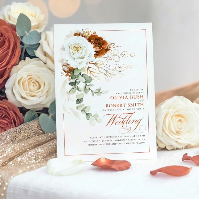 Terracotta Burnt Orange & White Floral Wedding Einladung (Terracotta and White Flowers Botanical Chic Wedding Invitations)
