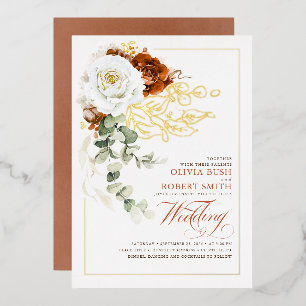 Terracotta Burnt Orange & White Floral Wedding Folieneinladung