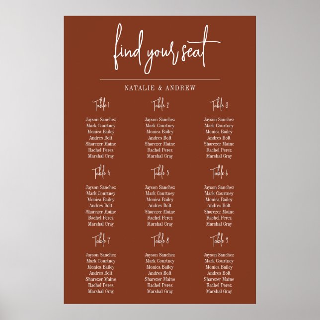 Terracotta Burnt Umber Script 9 Seat Chart Poster (Vorne)