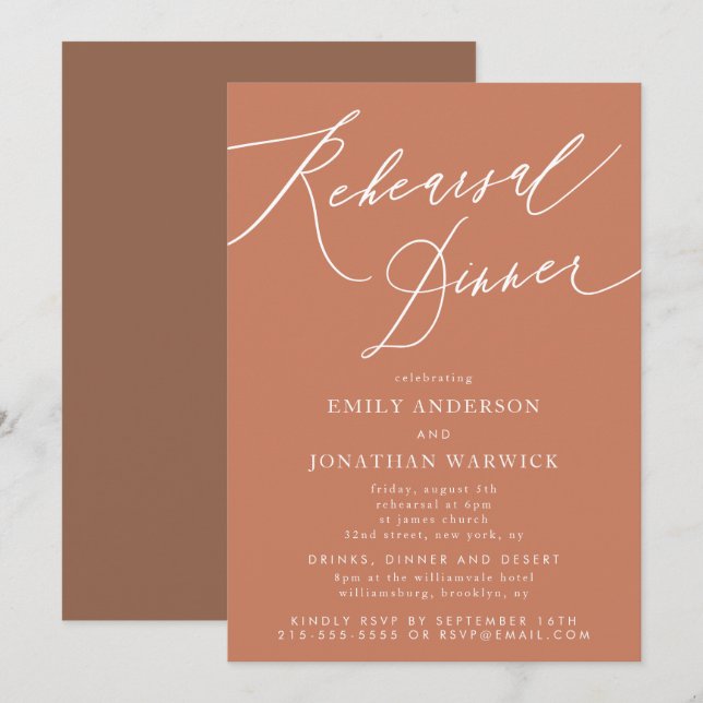 Terracotta Calligrafy Wedding Probe Dinner Einladung (Vorne/Hinten)