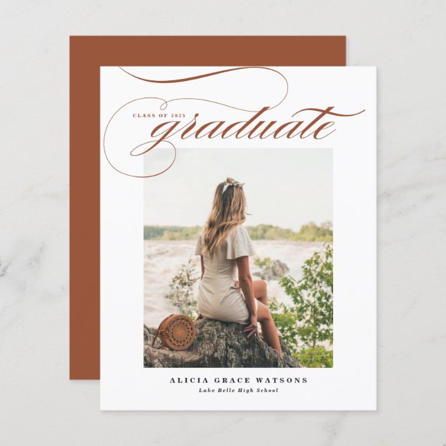 Terracotta Calligraphy Foto Abschluss Einladung (Vorne/Hinten)