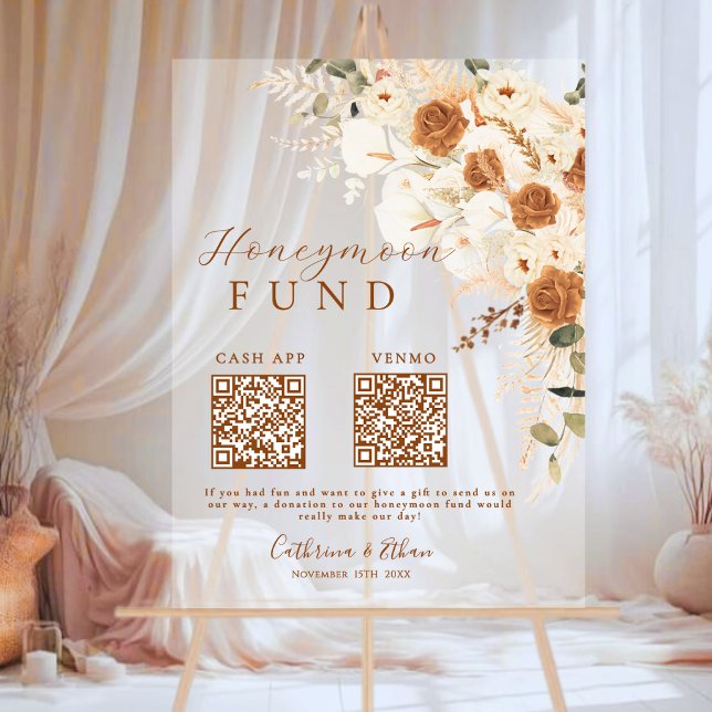Terracotta Calligraphy Wedding Honeymoon Fund QR Acrylschild (Von Creator hochgeladen)
