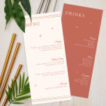 Terracotta Celestial Wedding Menu & Drinks Card Menükarte<br><div class="desc">Entspannen Sie auf Ihrem Empfang-Tisch mit diesem minimalistischen Hochzeitsmenü und einem Set mit Getränkekarte mit einer modernen Terrakotta- und Elfenbeinfarbenpalette, eleganten Sternakzenten und einer raffinierten Typografie. Dieses doppelseitige Design eignet sich perfekt für Hochzeitsfeiern, himmlische Hochzeiten oder rustikale Hochzeiten und zeigt Ihre Auswahl an Speisen und Getränken. Genießen Sie ein eigenes...</div>