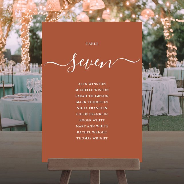 Terracotta Chic Script Tischnummer Seekarte (Terracotta Chic Script Table Number Seating Chart)
