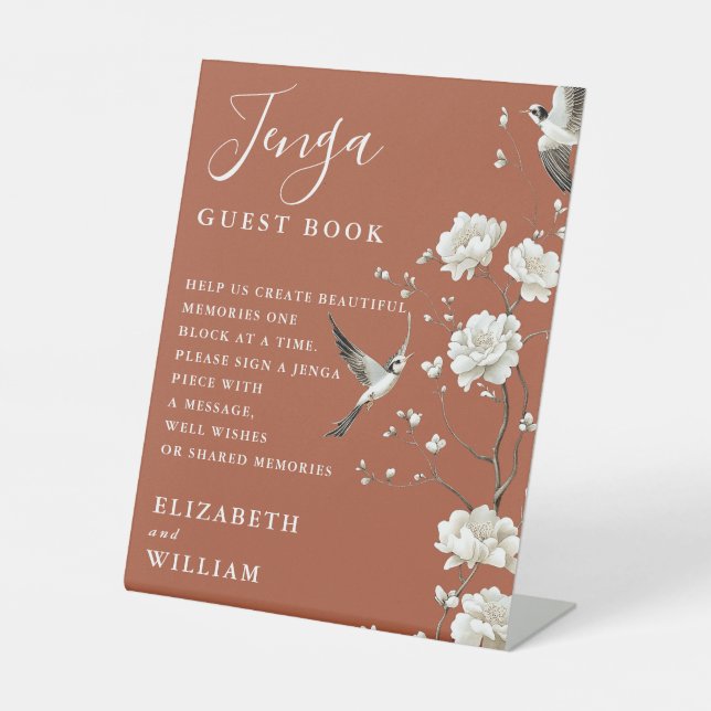 Terracotta Chinoiserie Jenga Gästebuch Hochzeit Sockelschild (Vorderseite)