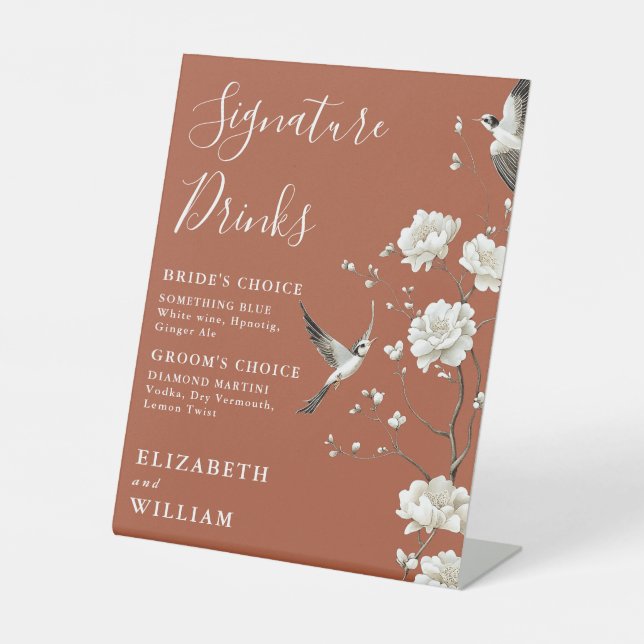 Terracotta Chinoiserie Signature Drinks Hochzeit Sockelschild (Vorderseite)