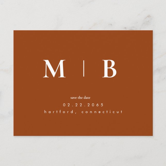 Terracotta Contemporary Monogram Save the Date Postkarte (Vorderseite)