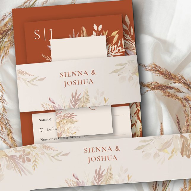 Terracotta Cream Botanical Folies Personalisiert Einladungsbanderole (Belly Band in neutral cream with delicate foliage)