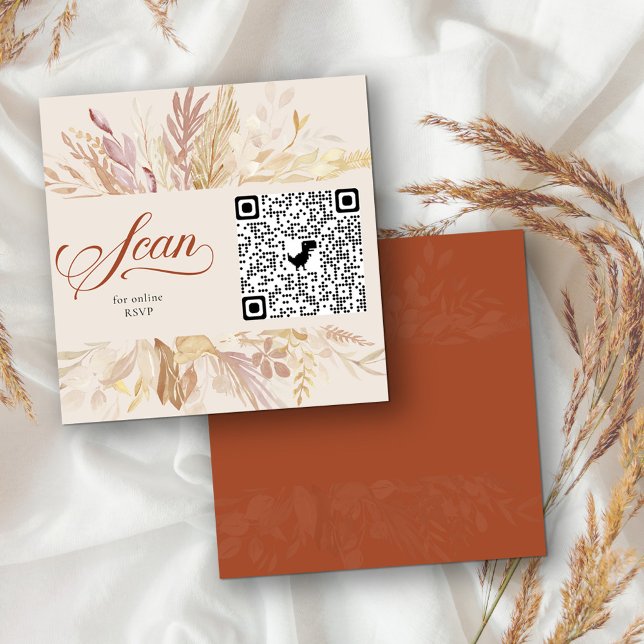 Terracotta Cream Botanical Online UAWG QR Code Begleitkarte (Square enclosure card with custom qr code for online rsvp. Terracotta burnt orange and cream)