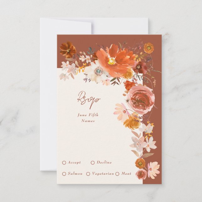 Terracotta Cream Floral Wreath Wedding RSVP Karte (Vorderseite)