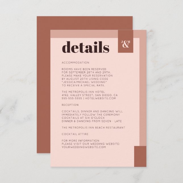 Terracotta Cream Modern Monogram Wedding Details Begleitkarte (Vorne/Hinten)